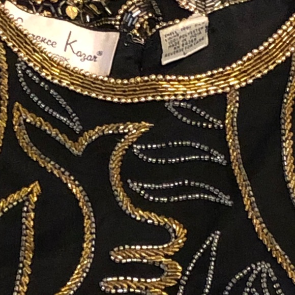 Vtg Women's Silk Beaded Blouse, Black & Gold, Maximalist, Short Sleeve, L / M - Picture 5 of 11